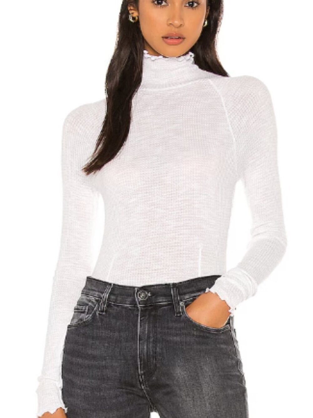 Intimately Free People Waffle-Knit Long Sleeve White Mock Neck Top